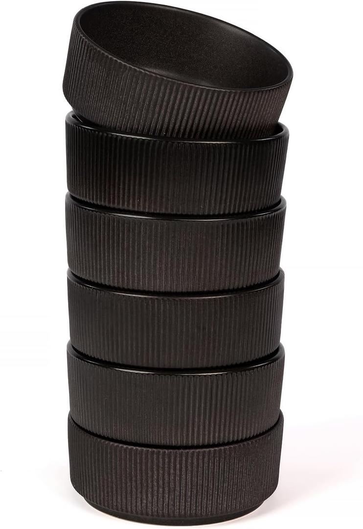 OTAGO 6" Bowls Set of 6, Ribbed Stoneware Bowls with Unique Handcrafted Reactive Glaze, Matte Ceramic Tableware for Kitchen, Dinner & Dining, Microwave & Dishwasher Safe，Black, 6 Pieces