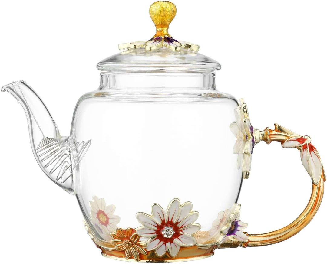 Glass Teapot -300 ml (10 oz), Flower Decoration Heat Resistant Glass Teapot Kettle with Golden Leaf Edge Color Floral Pattern Retro Teapot Tea Party Set (Pink)
