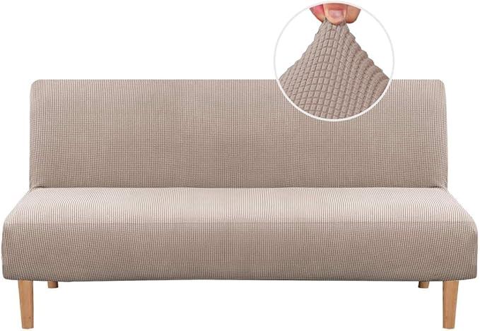 H.VERSAILTEX Armless Futon Cover Stretch Sofa Bed Slipcover Protector Elastic Feature Rich Textured High Spandex Small Checks Jacquard Fabric Futon Cover, Machine Washable, Sand