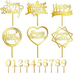 16 PCS Happy Birthday Cake Topper Set, Gold Cake Decoration, Acrylic Reusable Numbers Cake Cupcake Desserts Topper Double-Sided Glitter Birthday Cake Topper for Kids Adults