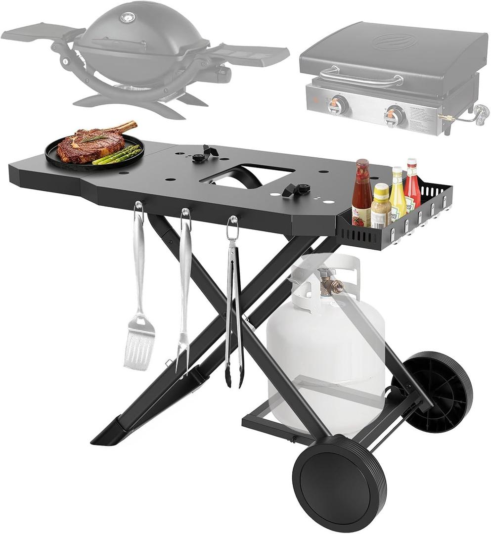 Portable Grill Cart for Blackstone 17" & 22" Griddle, Foldable Grill Table with Propane Tank Holder, Outdoor Portable BBQ Grill Stand for Backyard, Camping, Tailgating
