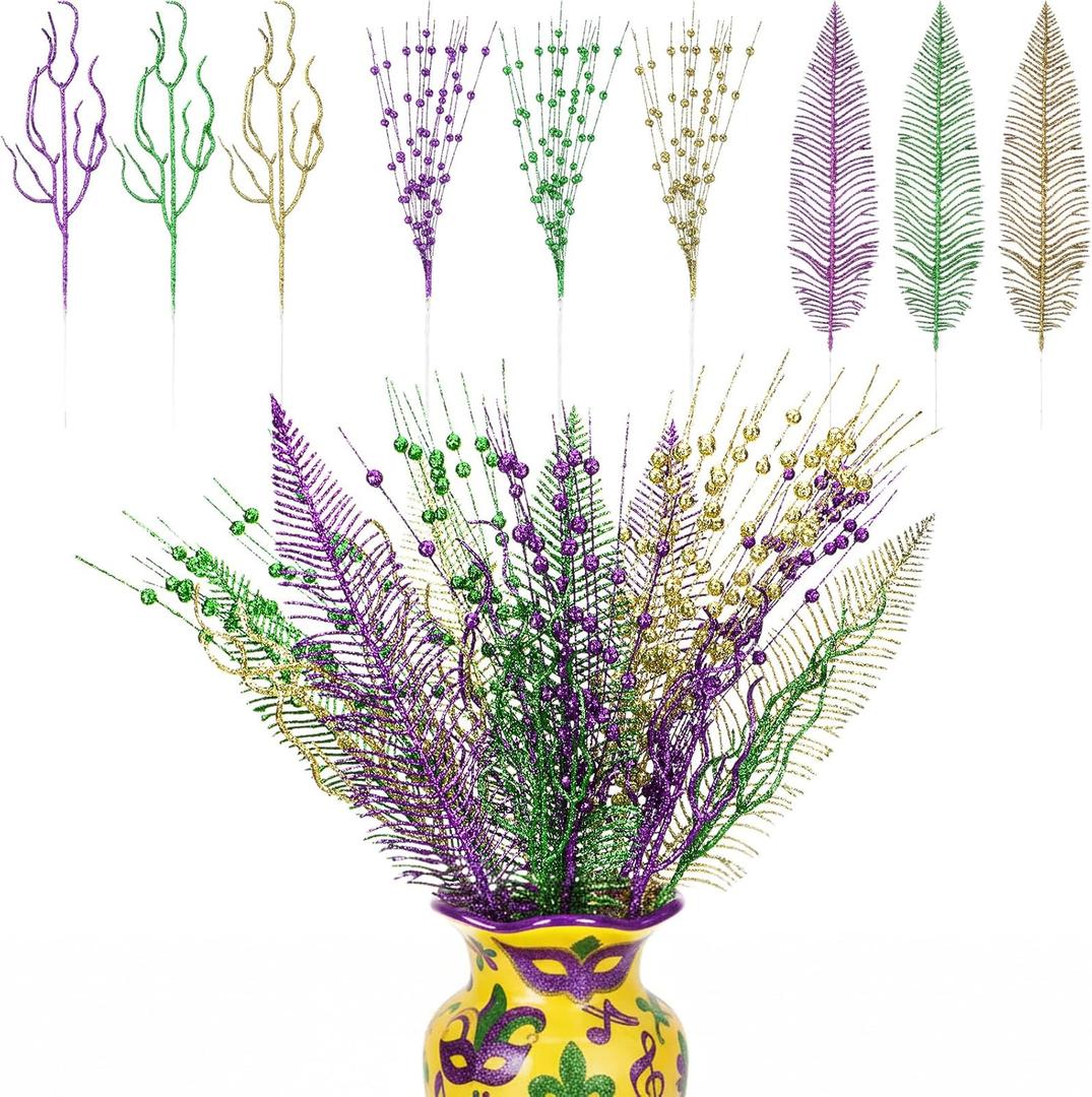 18 Pcs Mardi Gras Glitter Tree Picks Purple Gold Green Centerpiece Table Decor 17.7 Inch Mardi Gras Tree Topper Decor Branches Ornaments Carnival Decoration(Novelty)
