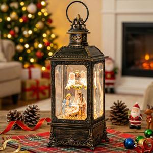 VISFLAIR Christmas Snow Globe Lighted Angel & Nativity Scene, Musical Water Lantern in Swirling Glitter, Battery Operated or USB Powered Holiday Decorations Gifts for Family, Children or Friends