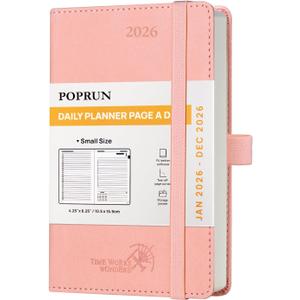 POPRUN Daily Planner 2026 (Jan - Dec), (Purse Size-4.25" x 6.25") 2026 Daily Calendar with One Page Per Day Even Weekends, Hourly Appointment Book with Pocket, PU Leather Softcover - Pink