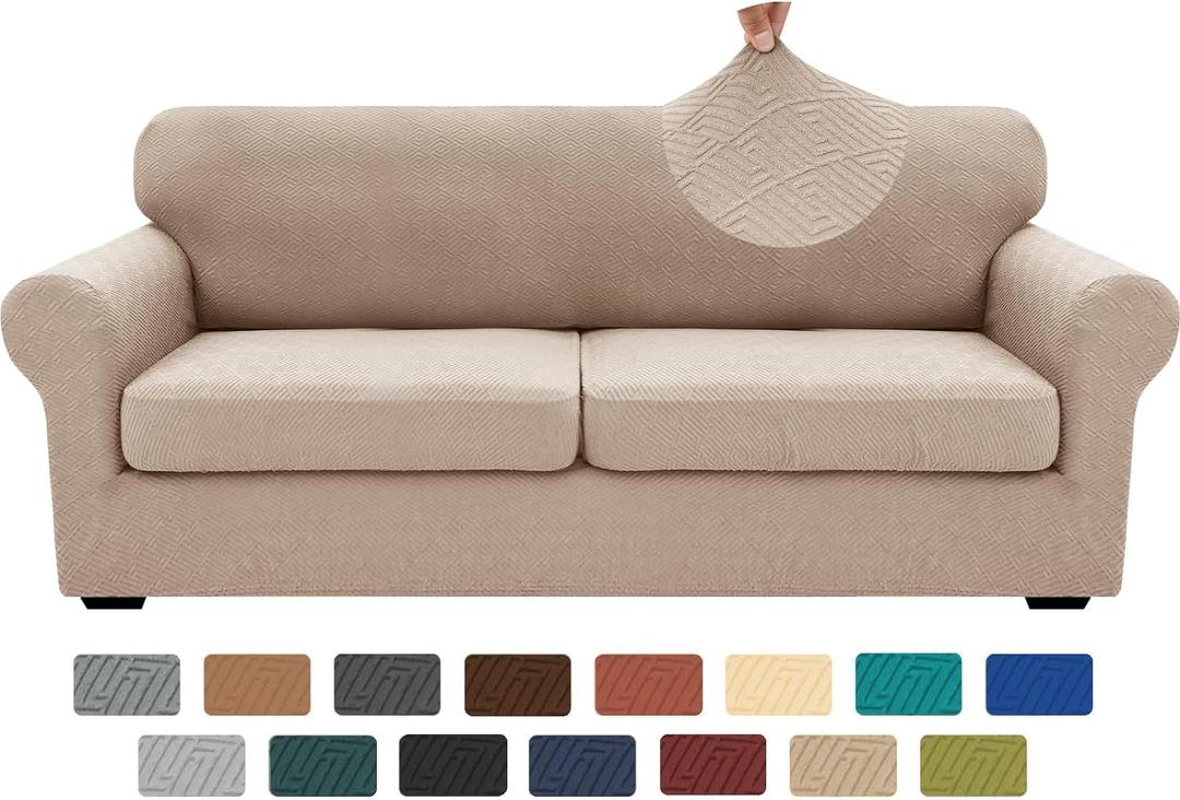 XINEAGE 2026 New 3 Pieces Couch Covers for 2 Extra Large Cushion Sofa Super Stretch Sofa Cover for 2 Large Seat Cushion Universal Loveseat Slip Cover for Living Room (Khaki), 71"-91"(2 Cushions)