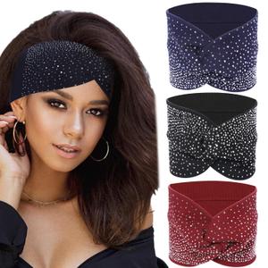 Rhinestone Boho Headbands, 3 Pack Crystal Stretch Turban Headbands with African Cotton Fabric - Fashion Hair Scarfs (Navy & Black & Burgundy)
