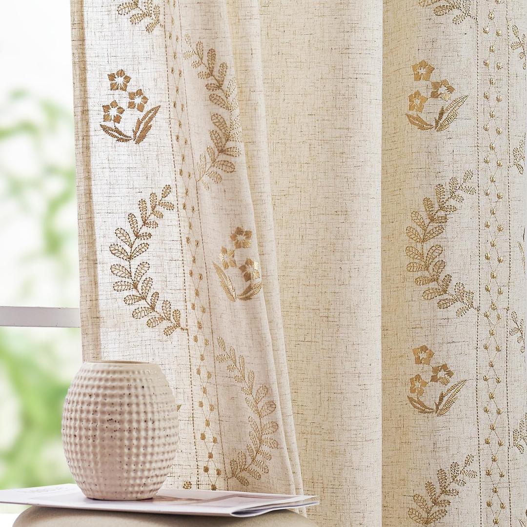 jinchan Belrose Linen Curtains for Bedroom Floral Curtains 63 Inch Length Linen Blend Beige Embroidered Drapes Farmhouse Flower Patterned Drapes for Living Room Window Treatments Set 2 Panels