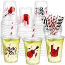 Newtay 60 Pcs Rock and Roll Cups Bulk 12oz Guitar-themed Plastic Cups with Lids Straws Retro Music Party Favors for Birthday Baby Shower Music Parties Decorations