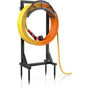 Garden Hose Holder and Hanger, Metal Water Hose Storage Stand, Upgraded Freestanding Water Hose Organizer Rack with 2 Tool Hooks for Outdoor Yards, Farms and Lawns, Black