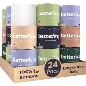 Betterway Bamboo Toilet Paper 3 Ply - Sustainable Toilet Tissue - 24 Long-Lasting Rolls & 360 Sheets Per Roll - Septic Safe - Organic, Plastic & PFAS Free - FSC Certified