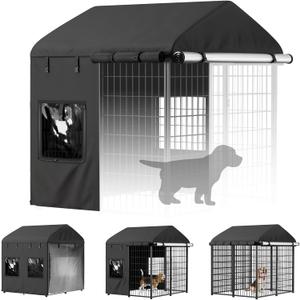 PawGiant Dog Kennel Cover Outdoor, Full Coverage Waterproof Tarp for 4x4x4.5ft Dog Crate with 600D Oxford Fabric, 4 Transparent Window & Door Curtains for Enclosure Outside, Small