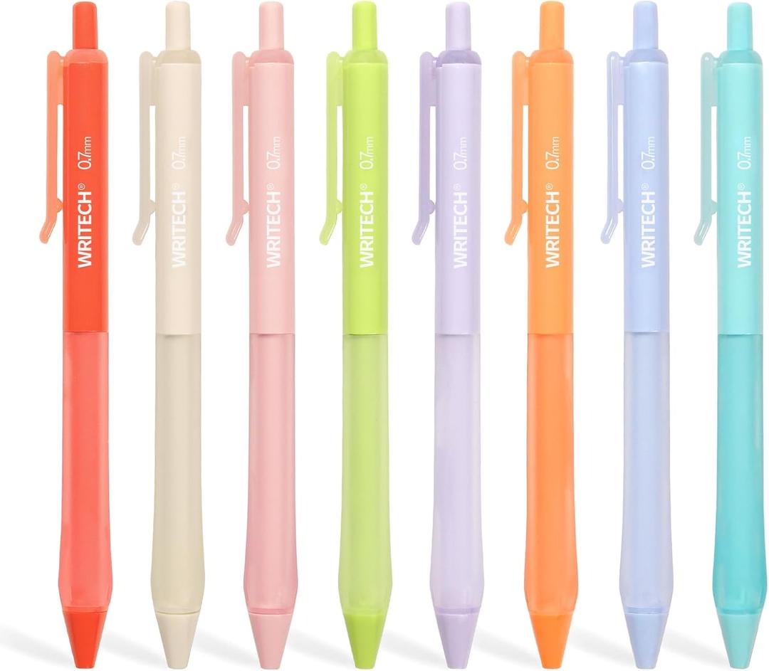 WRITECH Retractable Gel Ink Pens: Fine Point 0.7mm Assorted Color Soft Grip 8ct No Bleed & Smear Extra Smooth Writing Bullet Tip Colored Pen Set for Journaling Coloring