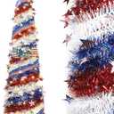 HMASYO 4th of July Decorations 6 FT Pop Up Patriotic Tinsel Tree with 100 Timer Lights – USA 250th Anniversary Decorations Merchandise Collapsible Pencil Tree for Home Office Independence Day Decor