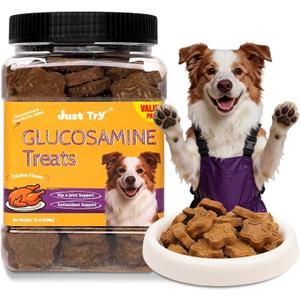 Just Try 15 oz Glucosamine Chondroitin for Dogs Hip & Joint Support Treats | Real chicken glucosamine chondroitin MSM green lipped mussel. Supports joint mobility flexibility. Crunchy training treats.