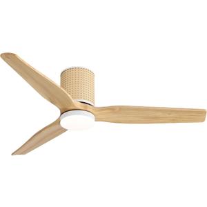 LEDLUX 52" Ceiling Fan with Light - Low Profile Flush Mount Ceiling Fan, 6-Speed Remote Control, Solid Wood, Quiet Reversible DC Motor, Wood/White Finish, for Bedroom, Living Room, Porch