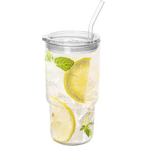 Glass Tumbler with Lid and Straw, Borosilicate Glass Iced Coffee Cup Smoothie Cups 24 oz/750ml for Hot or Cold Drinks (1PCS)