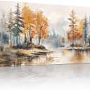 WENGTIAO Large Wall Art for Living Room Framed Lakeside Forest Canvas Wall Painting Pictures Orange Watercolour Landscape Art Prints Artwork Wall Decor for Bedroom Office Room Decoration Hang 60X120cm