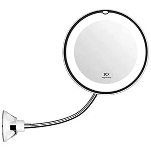Makeup Mirror with LED Light and Suction Cup 360 Degree Swivel Flexible Gooseneck 10X Magnifying Mirror Travel and Home Bathroom Vanity Mirror (White)