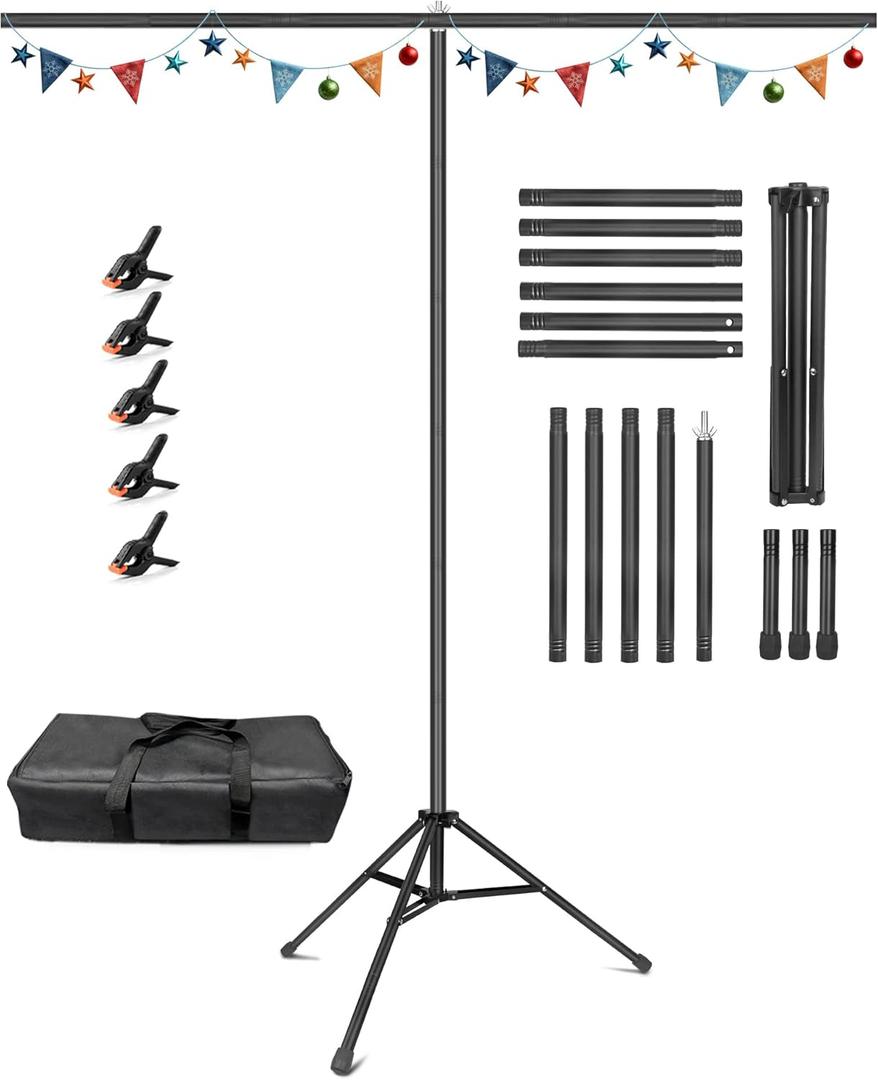 HEMMOTOP T Shape Backdrop Stand, 8x6.8ft(HxW) Portable Photo Background Stand Kit for Parties, Green Screen Stand Only with 5 Spring Clamps and Carrying Case, Banner Holder for Photoshoot, Photography