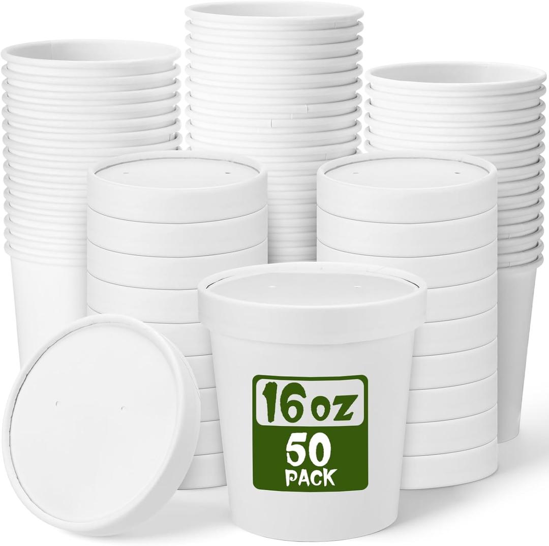Fulmoon 50 Pack 16oz Paper Soup Containers with Lids, Disposable Kraft Paper Soup Cups Ice Cream Bowls Food Storage with Lids, Microwavable and Freezer Safe(White)
