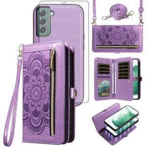Asuwish Phone Case for Samsung Galaxy S22 Plus S22+ 5G Zipper Wallet Detachable Cell Cover with Tempered Glass Screen Protector Strap Flower Card Holder Slot S22+5G S22plus 22S + S 22 22+ Women Purple