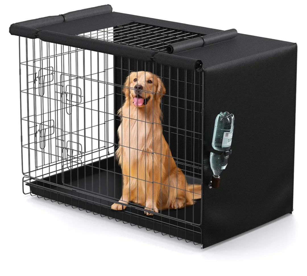 BROSYDA Dog Crate Cover - Privacy Kennel Cover Fits 42 inch Double Door Wire Crate, Heavy Duty 600D Oxford Fabric Dog Cage Cover with Top Window and Drinking Hole Design, Black, (Cover only)