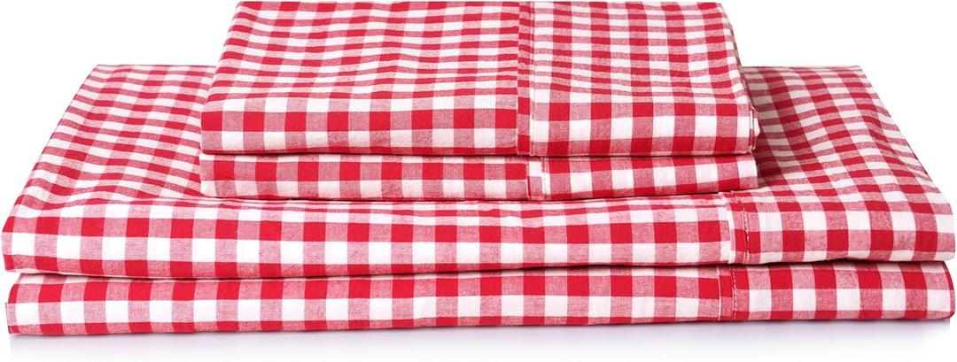 Red Sheets Cotton Checkered Queen Size Sheets Set 3 Piece, Farmhouse Gingham Bed Sheet 100% Cotton Luxury, Breathable & Cooling Sheets Queen Size Bed Set Deep Pockets upto 16" Red & White Plaid Sheets
