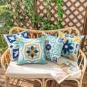 Pyonic Outdoor Waterproof Throw Pillow Covers Set of 4 Floral Printed and Boho Farmhouse Summer Outdoor Pillow Covers for Patio Funiture Garden 18x18 Inch Blue