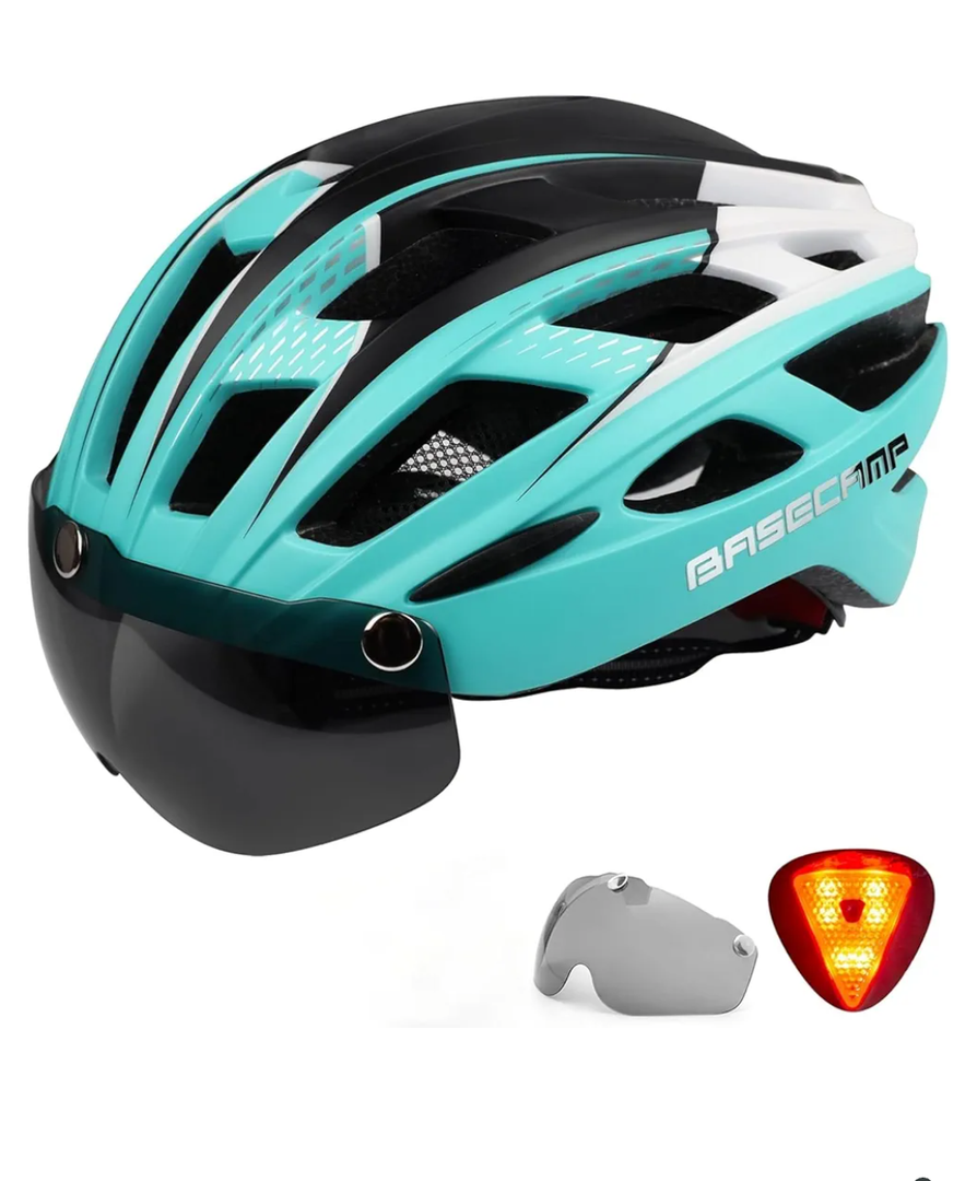 Bike Helmet, Basecamp Bicycle Helmet with Rear Light & Detachable Magnetic Goggles Lightweight Cycling Helmet Adjustable for Adult Men Women Mountain & Road (BC-069)