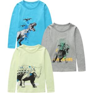 Boys Long Sleeve Shirts, Casual Cotton Tshirts Cartoon Graphic Crewneck Tops Tees Shirt for Kids Toddler Boy 3 Pack (S)