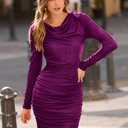 PRETTYGARDEN Women's Fall Bodycon Mini Dress Sparkly Long Sleeve Cowl Neck Ruched Short Club Cocktail Wedding Guest Dresses (Purple, L)