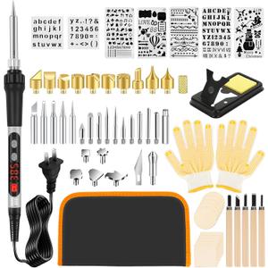 100W Wood Burning Kit with Digital Pen & LED Display, 60PCS Adjustable Wood Burner Tool (180520C), 28 Tips & 7 Stencils, for Beginners and Adults, Solder/Hot Knife Functions, Stand, Gloves & Case