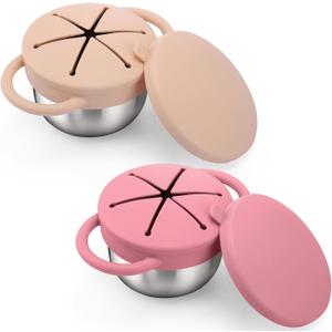 BUSOHA 2 Pack Stainless Steel Toddler Snack Cups - 9 OZ Spill-Proof Baby Snack Containers with Silicone Catcher and Lid Travel Snack Containers for Kids Dishwasher Safe Food Grade Silicone (Pink + Beige)
