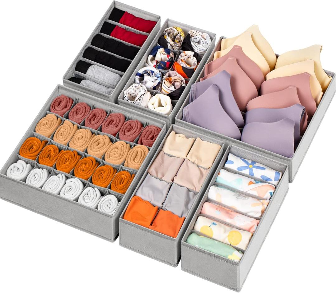 Criusia 6 Pack Sock Underwear Drawer Organizer Dividers, 58 Cell Foldable Fabric Dresser Closet Organizers and Storage Bins for Clothing, Baby Clothes, Bra, Panty, Scarf, Ties (Grey)