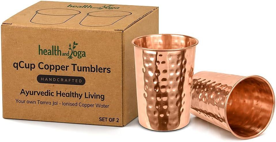 HealthAndYoga qCup Pure Copper Tumblers for Drinking - Ayurvedic Health Pure Copper Cups  2 pcs. set - 250 ml.(8 fl oz) (Hammered)