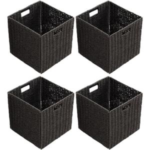 Handwoven Paper Woven Cube Basket Organizer with Handles set of 4 Foldable Storage baskets for Bedroom Living Room Cubby Storage Units for Clothes Books Toys (Black, 13" L x 13" W x 13" H)