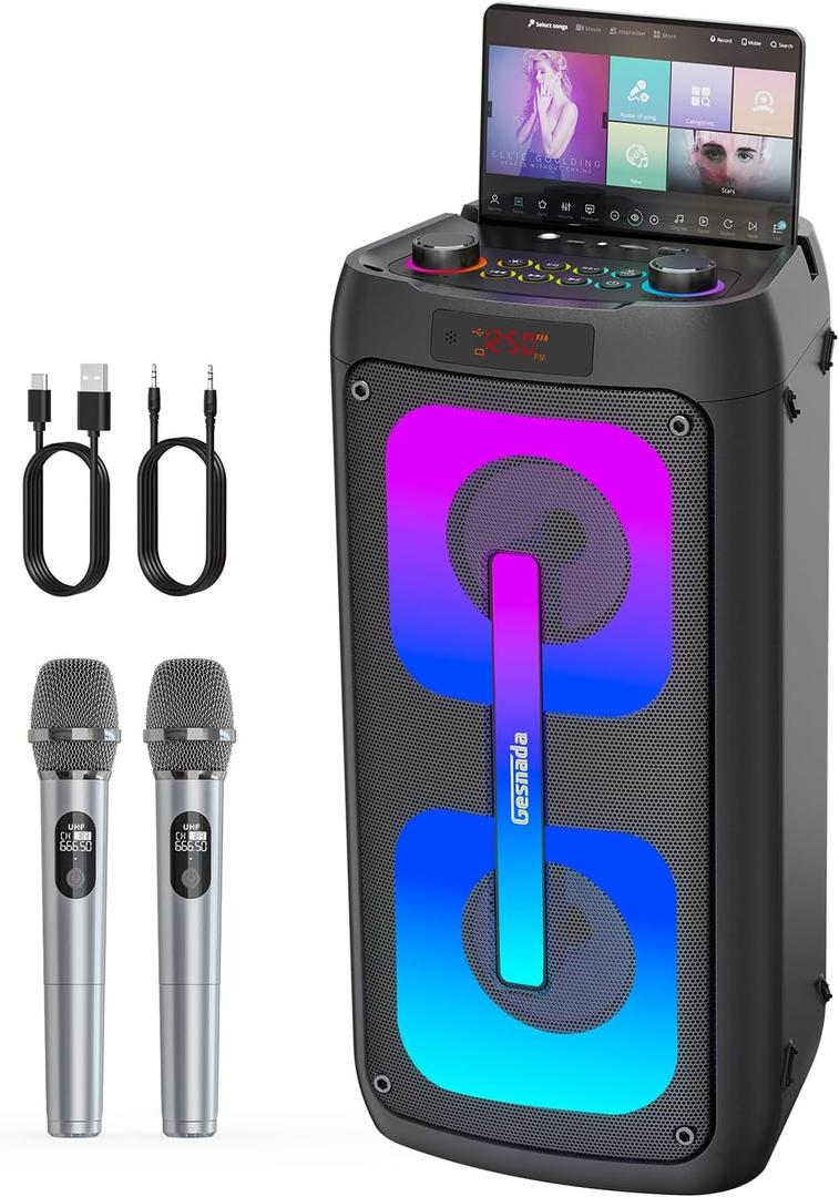 Karaoke Machine for Adults, Portable Bluetooth Speaker with 2 Wireless Microphones, Portable PA System with Disco Lights for Big Party, Outdoor, Ideal Gifts for Family, Music Lover