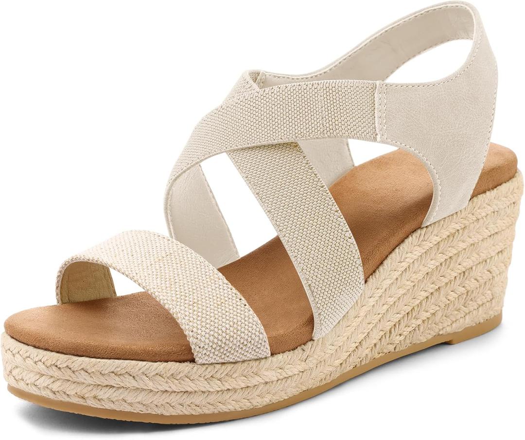 mysoft Women's Platform Espadrille Wedge Sandals Open Toe Elastic Ankle Strap Crisscross Slip on Summer Shoes (8, Natural Fabric)