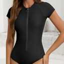 American Trends Womens Short Sleeve One Piece Swimsuits 2025 Modest Rash Guard, Zip Up High Neck Full Coverage Bathing Suits (Medium, Black)