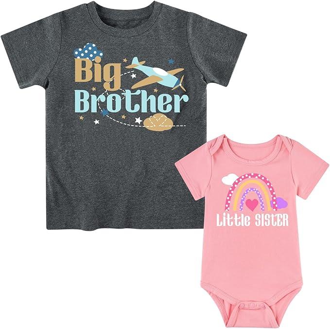 Funnycokid Big Brother Little Sister Matching Outfits Baby Girl Clothes Toddler Boys T-Shirt Announcement Gift ( 3T, 0-3 Months )