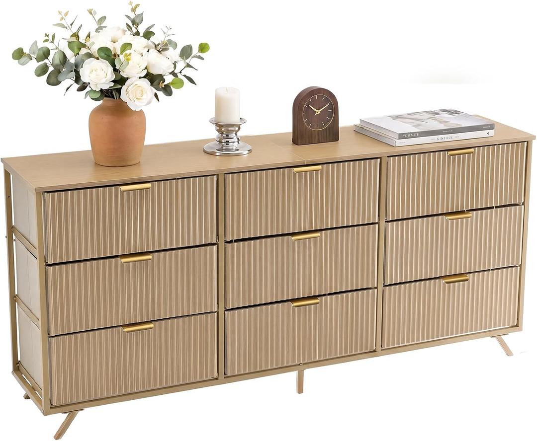 Fabric Fluted Dresser for Bedroom, Chest of 9 Fabric Drawer with Metal Frame & Spacious Wooden Top, Dresser Storage Tower for Closet, Hallway, Living Room, Natural Oak 57"D x 28.94"W x 11.8"H