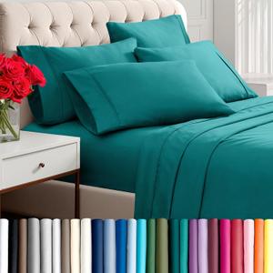 Bare Home Hotel Luxury King Sheet Set, Extra Soft - 6 Piece Set - Deep Pockets - Easy Fit - Cooling & Breathable - Wrinkle, Fade, Stain Resistant - Includes 4 Pillowcases (King, Emerald)