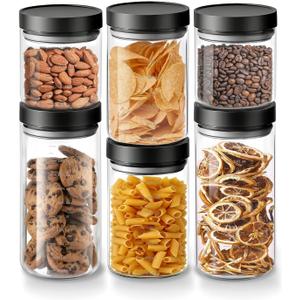 Danbark Set of 6 Mixed Sizes Airtight Glass Storage Canisters with Lids - Pantry Organizers and Storage Glass for Kitchen - for Pantry, Flour, Sugar, Coffee, Tea, Pasta, Rice, and Snacks - Black (18oz*2/30oz*2/42oz*2)