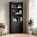 70" H Black Bookshelf with Drawers, Tall Bookcase with 3-Tier Open Shelves, Bookshelf and Bookcase with Storage Cabinet for Home Office,Living Room(Black,6-Tier)