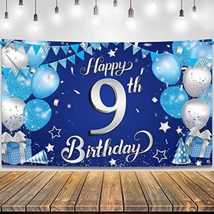 KatchOn, Blue Happy 9th Birthday Decorations Banner - XtraLarge 72x44 Inch | 9th Birthday Decorations for Boys, Girls | Happy Bday Decor | Bday Backdrop Banner for Blue Party Decor