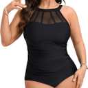 CUPSHE Womens Plus Size Tankini Sets High Neck Mesh Cutouts Two Piece Swimsuits Adjustable Straps Mid Rise (Black), Size XL