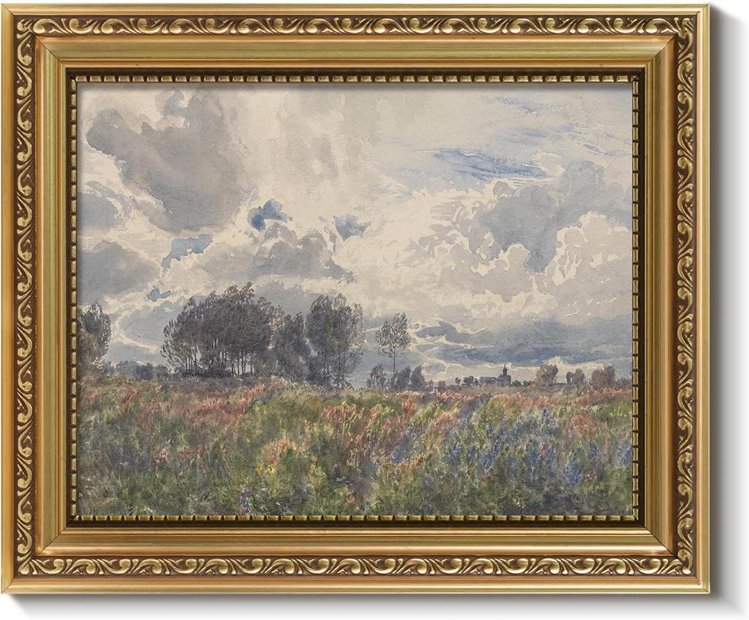 ARPEOTCY Vintage Gold Framed Wall Art Decor, 8x10 Inch Watercolor Wildflower & Sky Picture, Farmhouse Landscape Wall Art for Living Room Bedroom, Retro Kitchen Prints, Rustic Bathroom Decor Aesthetic