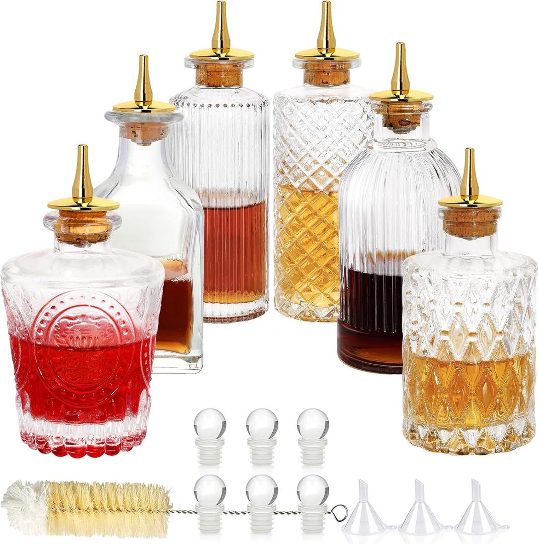 SuproBarware Bitters Bottles Set of 6 - Glass Dasher Bottles with Dash Top and Stopper Great Dispenser Bottle For Your Bitters Great for homemade Cocktail and Bartender