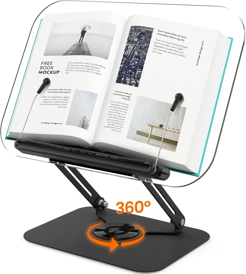 Acrylic Book Stand for Reading, Adjustable Book Holder with 360° Rotating Base & Elastic Page Clips, Foldable Desktop Riser Stand for Cookbook, Laptop, Tablet, Music Scores, Recipe, Textbook (Black)