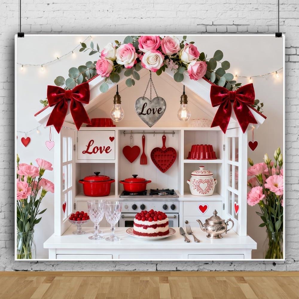 Valentines Photography Backdrop 10x10ft Love Themed Kitchen for Valentine's Day Decorations Valentine Backdrops for Photoshoot Galentines Background Photo Booth Props Party Supplies (Green)